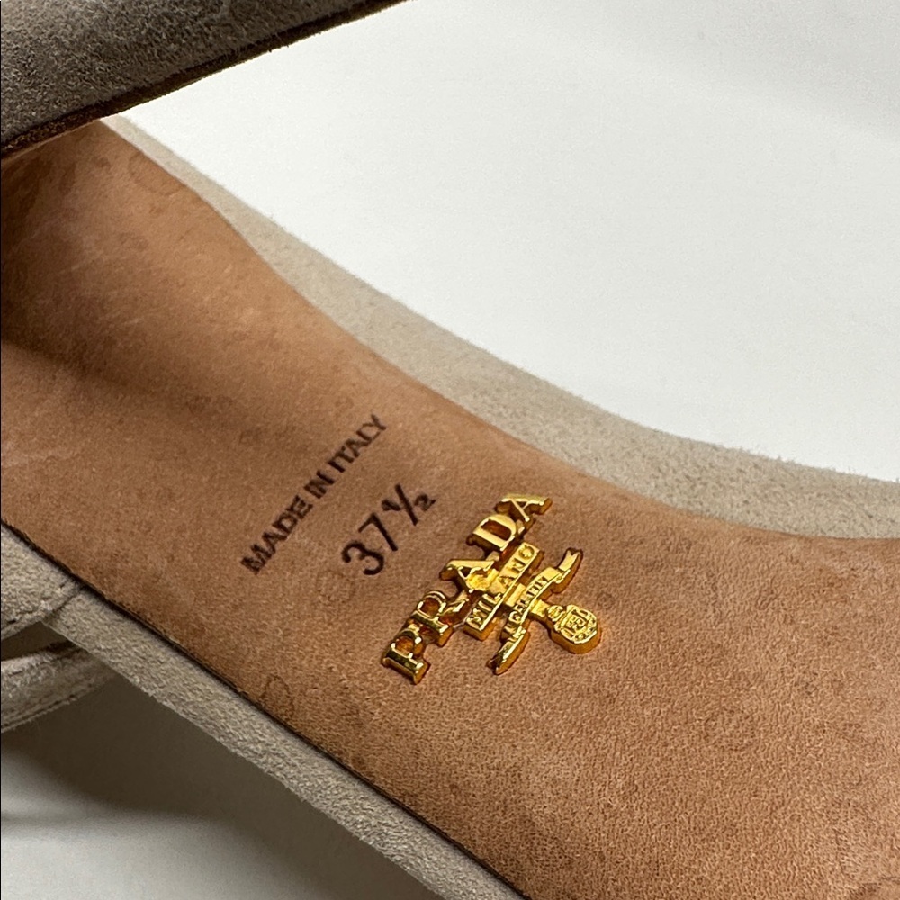 Prada Heels Suede Ankle Adjustable Strap Peep Toe High Heel Shoes Tan Cream 37.5 - Picture 9 of 11